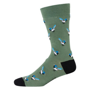 Sage green crew socks featuring a fairy wren print and black sock and heel patches