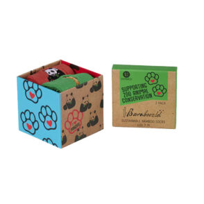 Gift box with paw print on side and panda print on other side with two pairs of socks included inside. Black text reads "Bamboozld supporting zoo animal conservation"