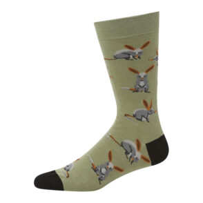 Sage green crew socks featuring a bilby print and black sock and heel patches