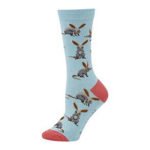 Light blue crew socks featuring a bilby print and orange sock and heel patches